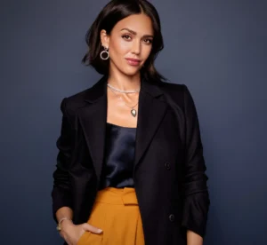 Jessica Alba stands with her hands in her pockets.