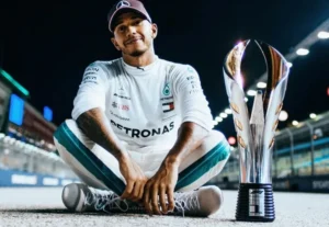 Lewis Hamilton sits on the ground with the trophy.